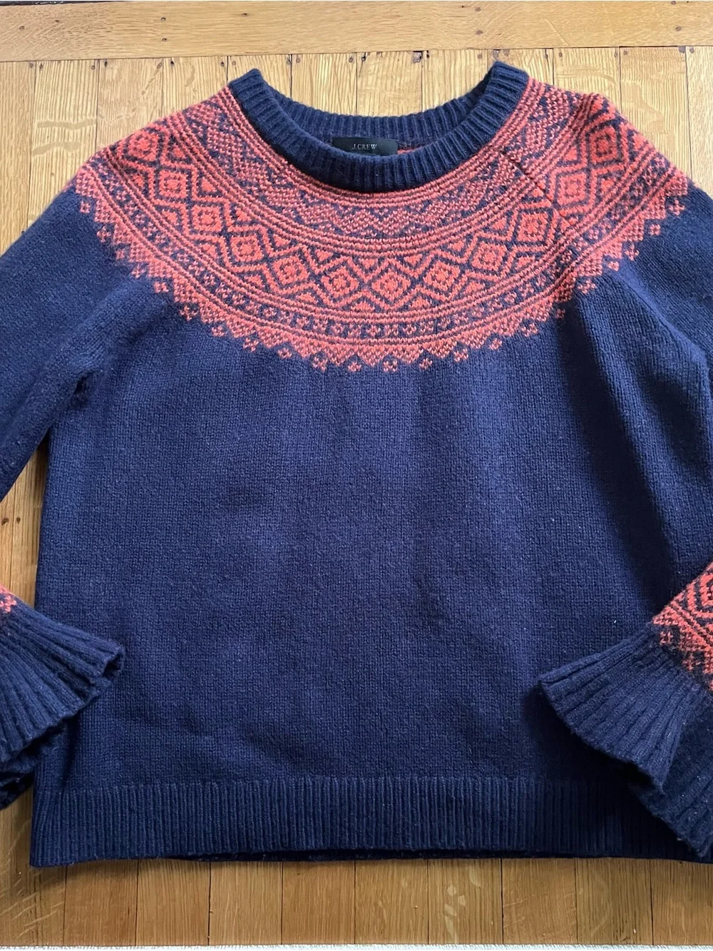 J. Crew Navy Crewneck Sweater with Red Fair Isle Yoke